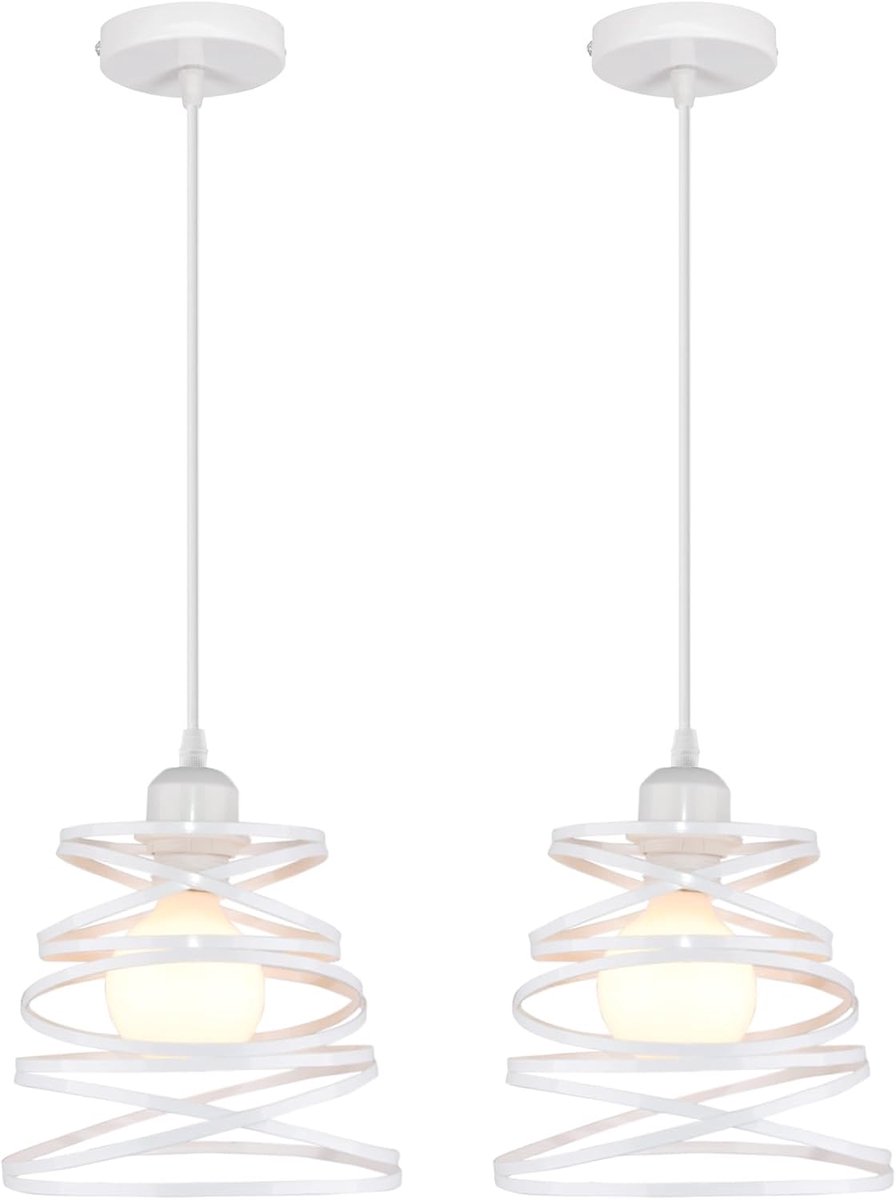 SnelShoppen - 2 Stuks Pendant Light Modern Spiral Design E27 Vintage Lamp 20cm Wit Metal Lampshade voor Slaapkamer, Woonkamer, Keuken, Eetkamer