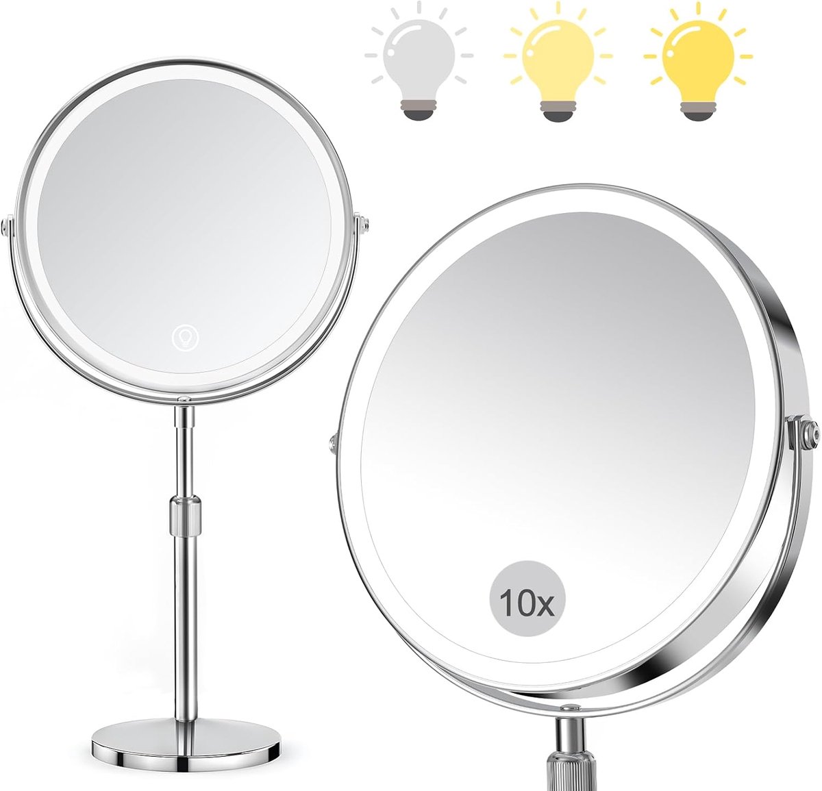 SnelShoppen - LED Makeup Spiegel 10x/1x Vergrotende Spiegel met 3 Verlichtingsmodi, Verstelbare Helderheid, Hoogte Verstelbaar, 360° Rotatable voor Ba