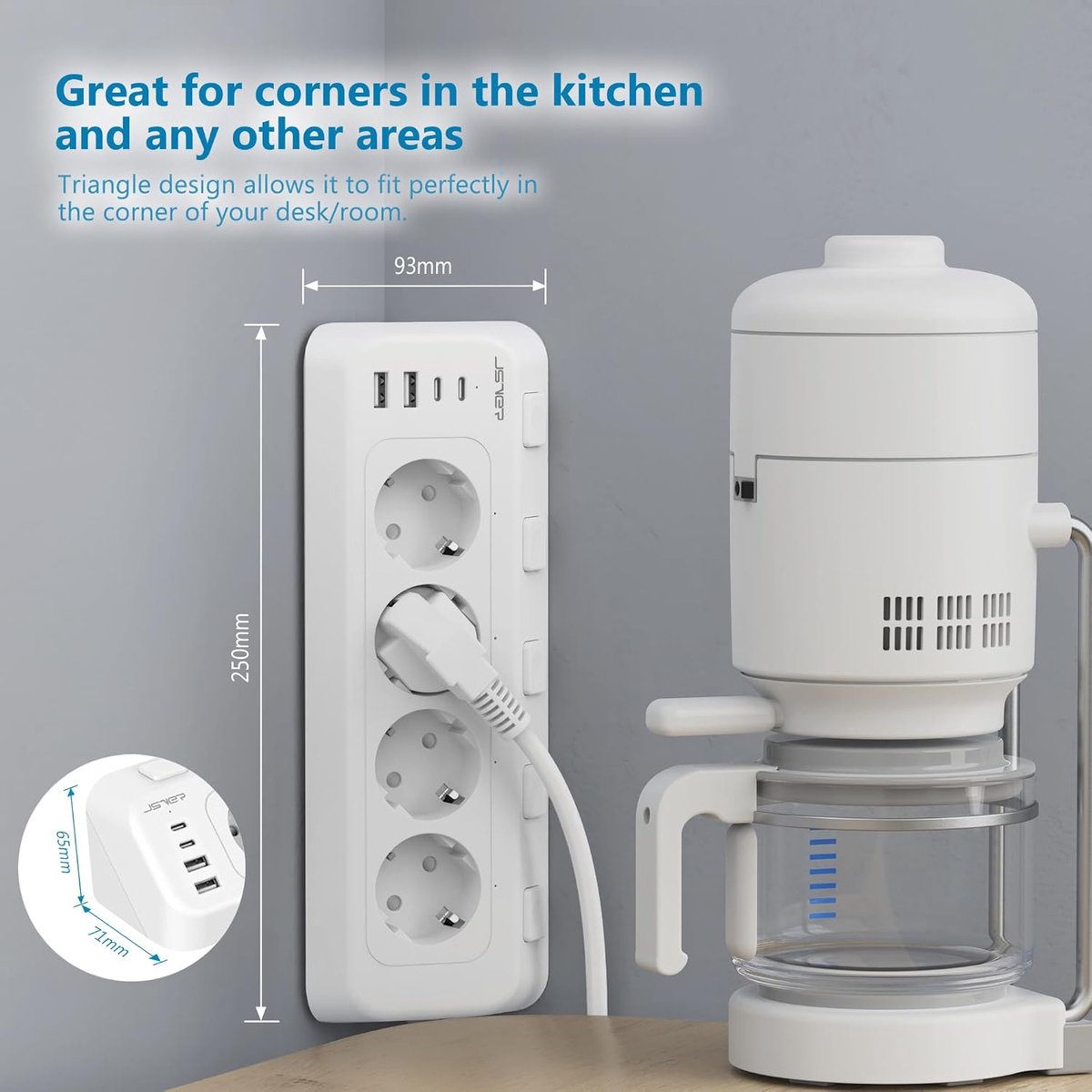 Thijox - Hoekstopcontact met Individuele Schakelaars, 4-voudige Stekkerdoos met 2 USB A- en 2 USB C-poorten, 2 m Snoer, Vlamvertragend Materiaal, Idea