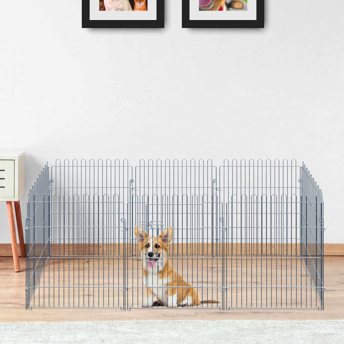 DESMIU Welpenren – 8 Panelen Met Afsluitbare Deur – 63 x 76 cm – Staal – Zilver – Voor Binnen en Buiten – Demonteerbaar