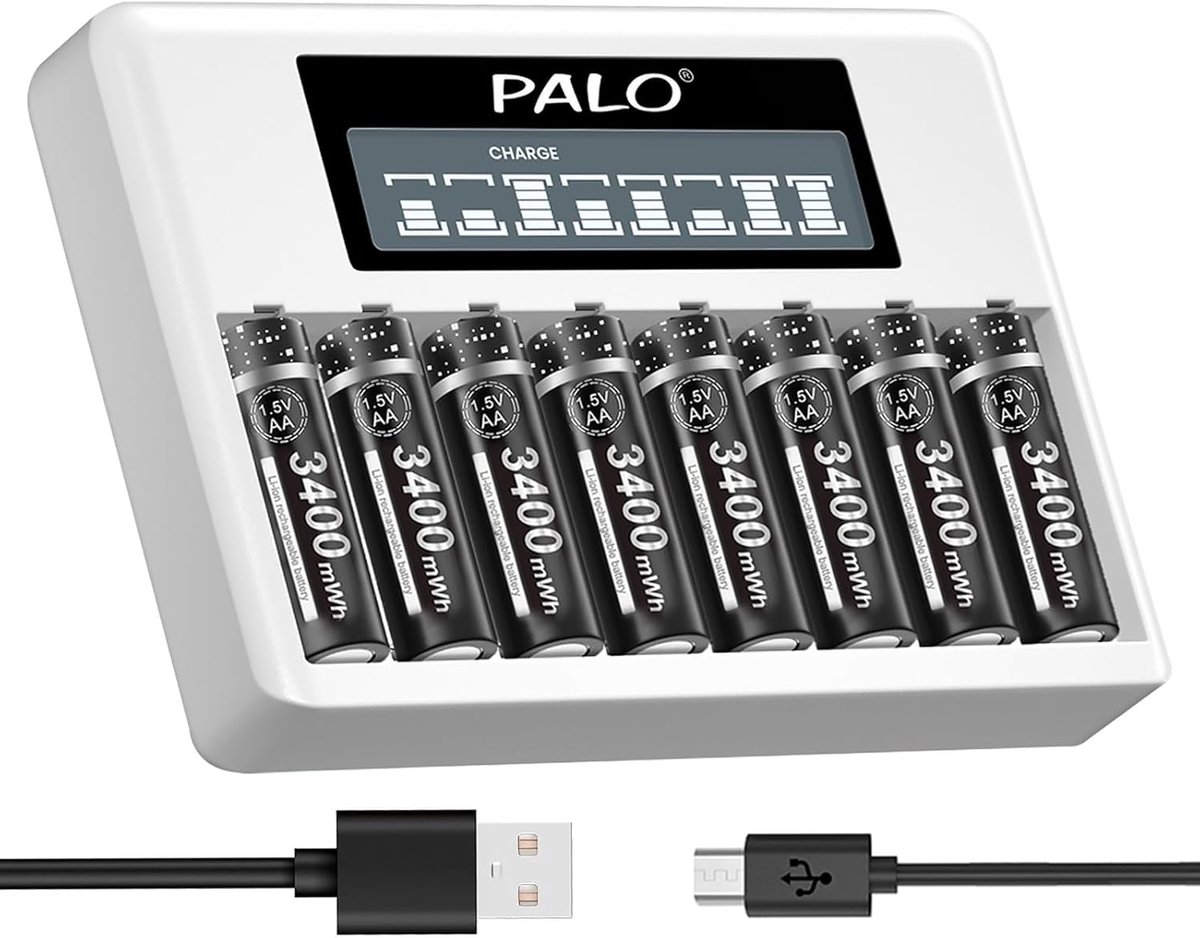 SnelShoppen - Oplaadbare AA Batterijen met LCD Oplader - 8x 3400mWh Lithium Batterijen - Ideaal voor Camera's, Speelgoed, afstandsbedieningen, en meer