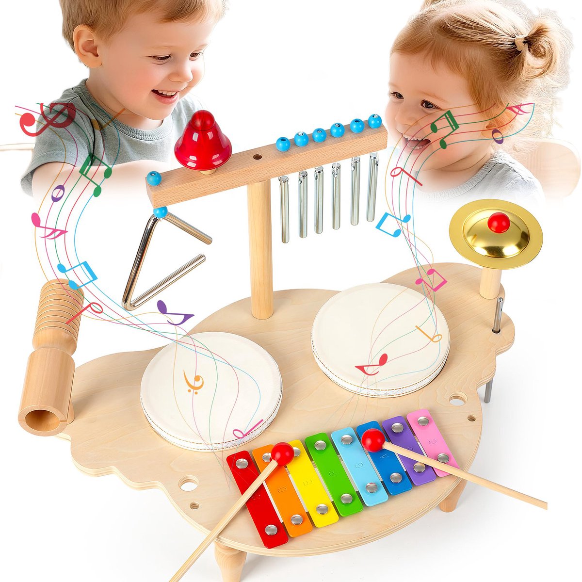 Houten Speelgoed - Drumstel voor Kinderen - Muziekinstrumenten - Kinderspeelgoed Vanaf 3, 4, 5 jaar - Jongens en Meisjes - Montessori Speelgoed