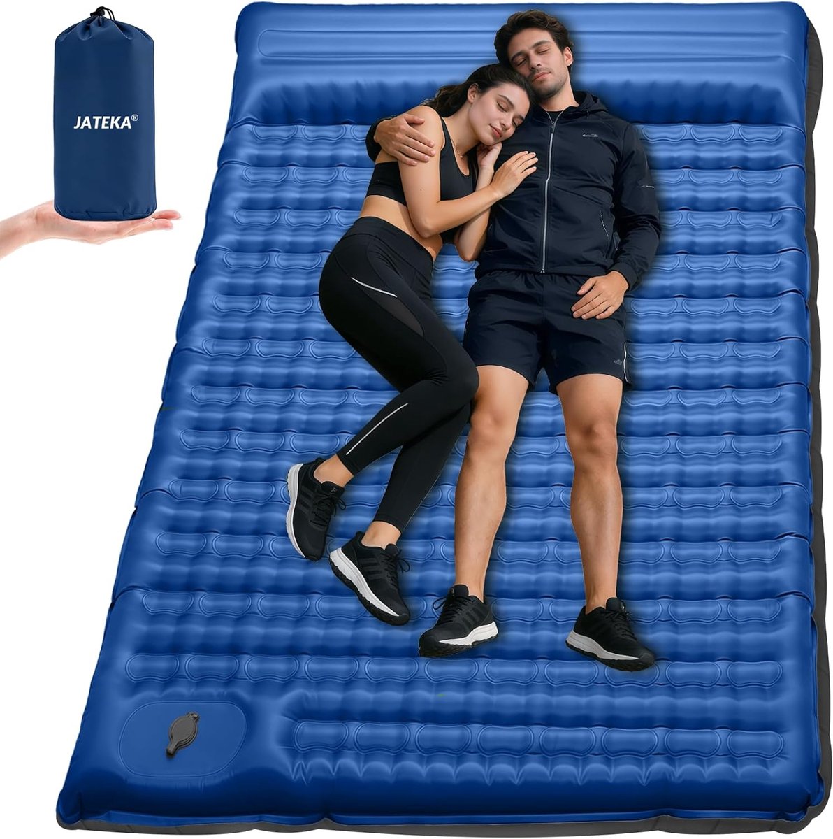 SnelShoppen - Zelfopblaasbaar Matras voor Tweepersoonsbed met Bevestigingssysteem, 12 cm Dikte, Ergonomisch Kussen, Blauw en Grijs, Campingbed voor 2