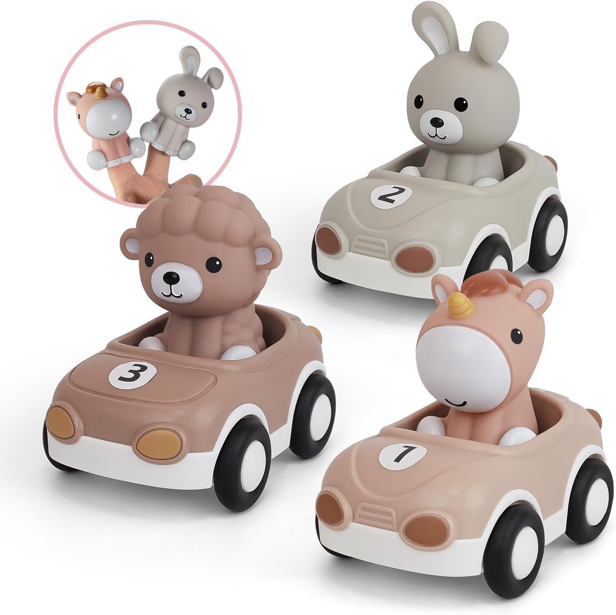 SnelShoppen - 3-pack Dieren Raceauto's & Vingerpoppen voor Peuters 1-3 Jaar | Frictie Aangedreven Speelgoedset voor Kinderen