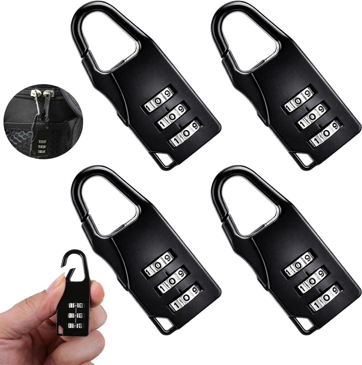 SnelShoppen - Pack van 4 Combinatiesloten, 3-Cijferige Mini Hangslot voor Koffer en Bagage, Zwart, Duurzaam en Weerbestendig