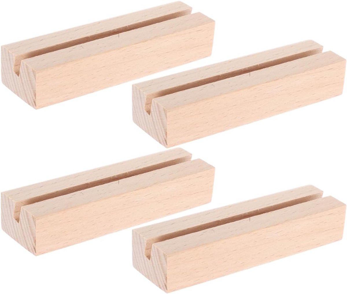 SnelShoppen - 4 Houten Tafelkaarthouders met Sleuf 5mm - Robuuste Beige Standaard voor Kalenders en Ansichtkaarten - 10x3x2 cm voor Thuis en Kantoor
