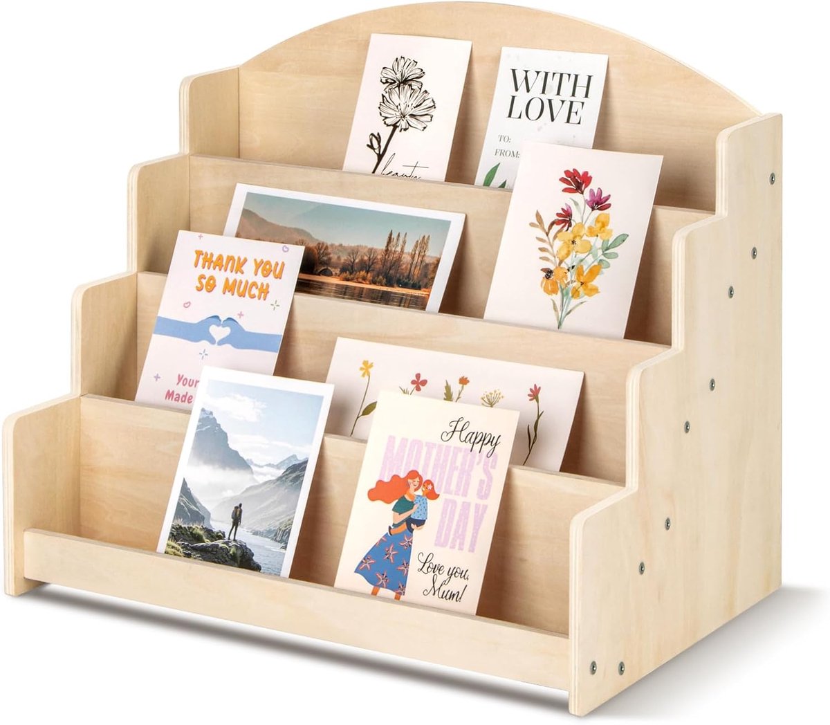 SnelShoppen - Wenskaarten Standaard Organizer - 4-Lagen Houten Kaarten Display voor Ansichtkaarten en Stickers - Houtkleur - Perfect voor Feesten en D