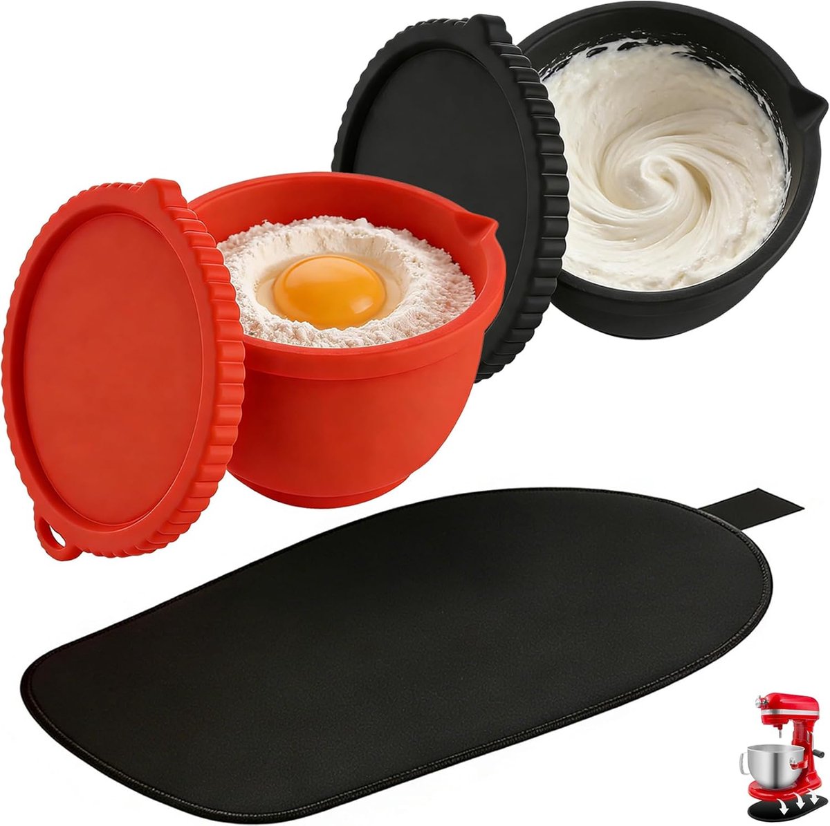 SnelShoppen - Siliconen Mengkom Liner Attachments voor Keuken, 3 Inzetstukken en Deksel, Compatibel met Blenders, Keukenaccessoires voor 5 Qt Mixer, P