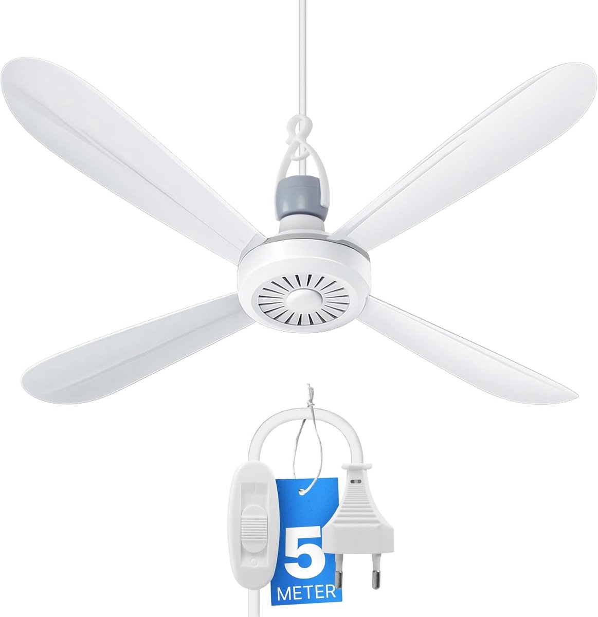 SnelShoppen - Camping Ventilator Mobiele Plafondventilator Ø 40 cm, Draagbaar en Stil, 5 W, 4 Afneembare Bladen, 5 m XXL-kabel met Schakelaar, Ideaal