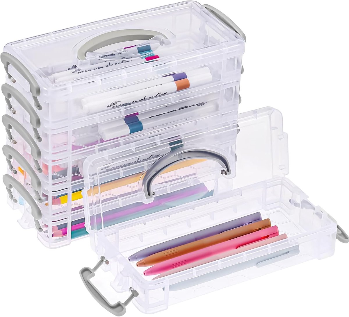 SnelShoppen - Stapelbare potlooddoos met 6 compartimenten en 2 deksels - Draagbare pen organizer in grijs - Duurzaam en transparant voor schrijfwaren,