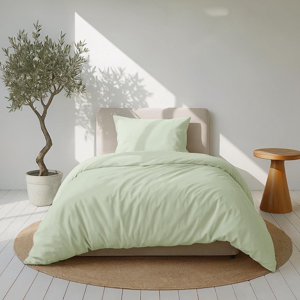 SnelShoppen - Dekbedovertrek 140x200 cm met 2 Kussenslopen 80x80 cm - Groen Katoensatijn Beddenset - 3-delig - Luxueus en Chemicaliënvrij (Oeko TEX)