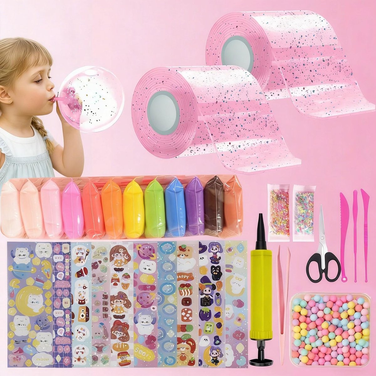 SnelShoppen - 30 Stuks Nano-Plakband Set met 2 Plakbanden (5 cm x 3 m) + 28 Luxe Materiaalpakketten, Creatief Speelgoed voor Kinderen en Meisjes, Klei