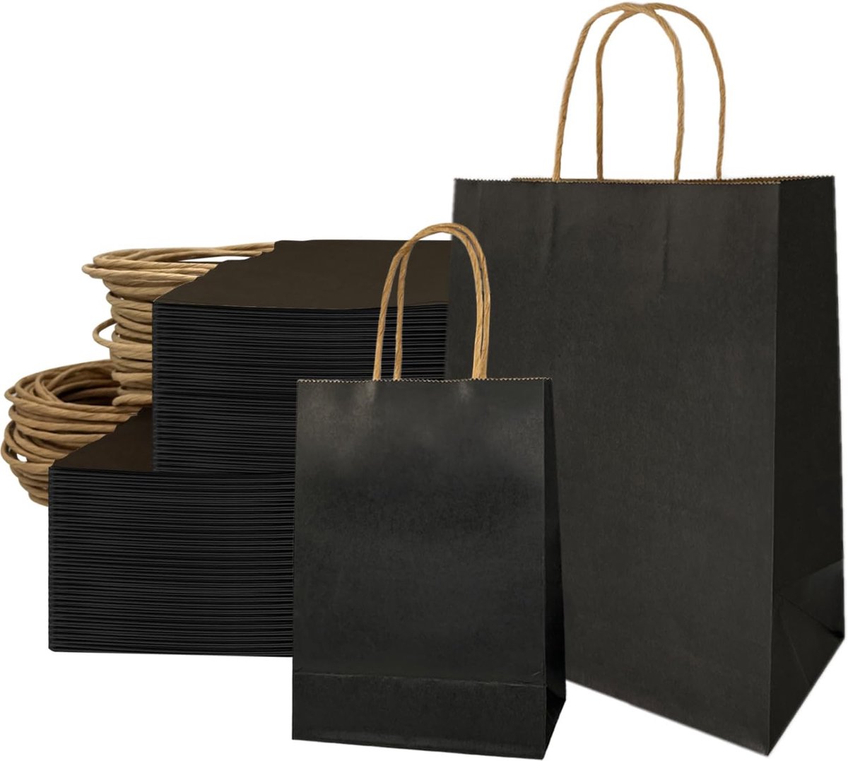 SnelShoppen - 50 Stuks Zwarte Kraftpapieren Zakken met Handvat - Geschenkzakjes Groot Formaat - Voor Verjaardag, Bruiloft, Thanksgiving, Kerstmis, Win