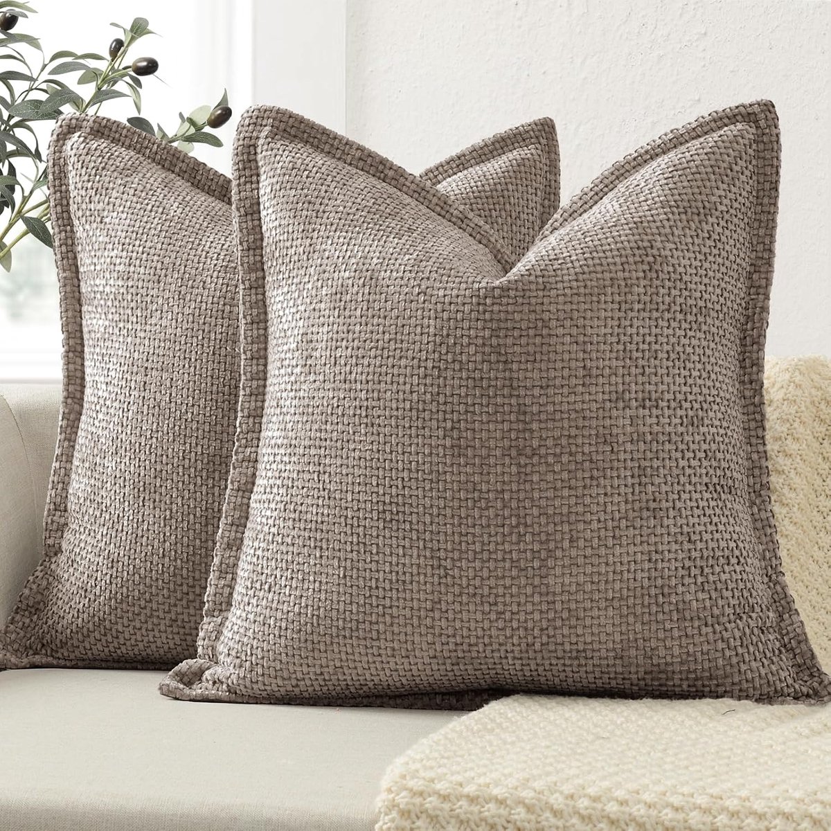 SnelShoppen - Set van 2 Chenille Kussenhoezen 40x60 CM in Khaki met Decoratieve Rand, Luxe Sierkussens voor Bank, Bed en Woonkamer, Woondecoratie