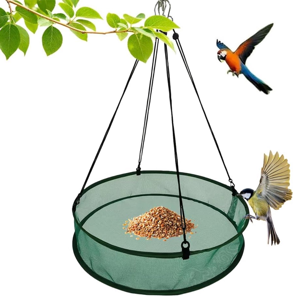 SnelShoppen - Vogelvoer Opvangbak met Verstelbare Ophangbeugel - Ronde Voederdispenser 50,8 cm Diameter - Mesh Vogelvoederhuis voor Tuin, Balkon en Bu