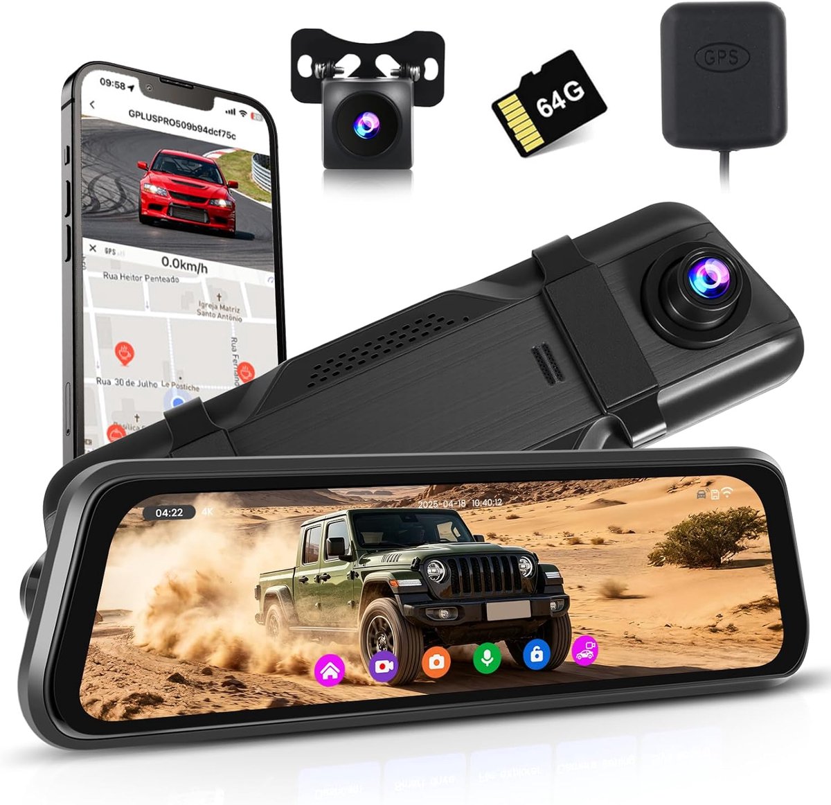 SnelShoppen - 4K Achteruitkijkspiegelcamera met WiFi, Dashcam Voor en Achter met WDR, 9,7 Inch Touchscreen, Reverse Assist, ADAS, Inclusief 64GB Kaart