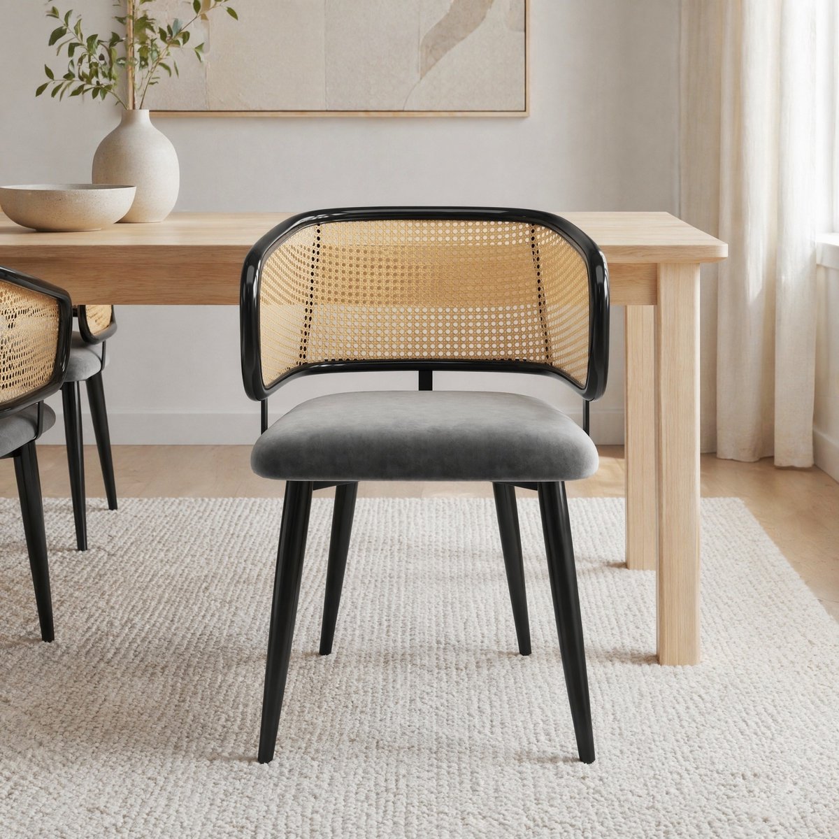 COVREO Eetkamerstoel set van 6 47 x 79 cm - rattan rugleuning, velvet zitting, grijs