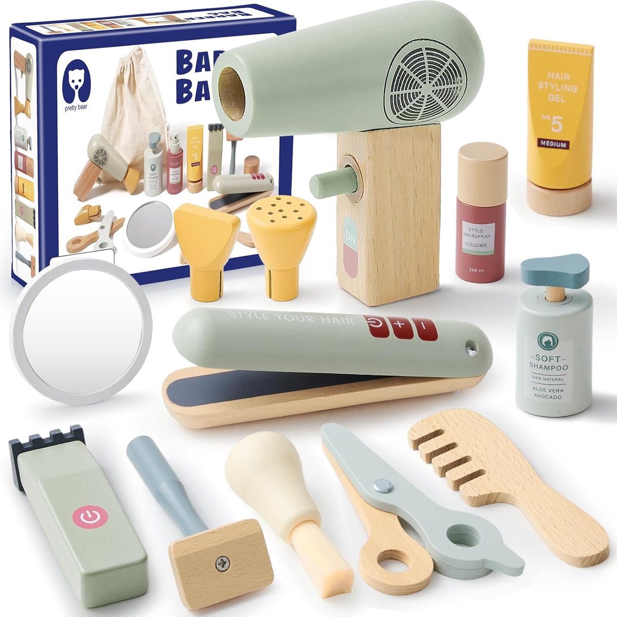 SnelShoppen - Houten Kappersset voor Kinderen - Role Play Haarstyling Speelgoed met Föhn, Kappersschaar, Spiegeltje, Haarproducten & Opbergzak - Ideaa