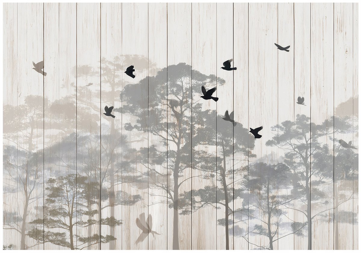 WALLARENA - Fotobehang - 150x105 cm - bos en bomen op houtlook voor woonkamer en slaapkamer
