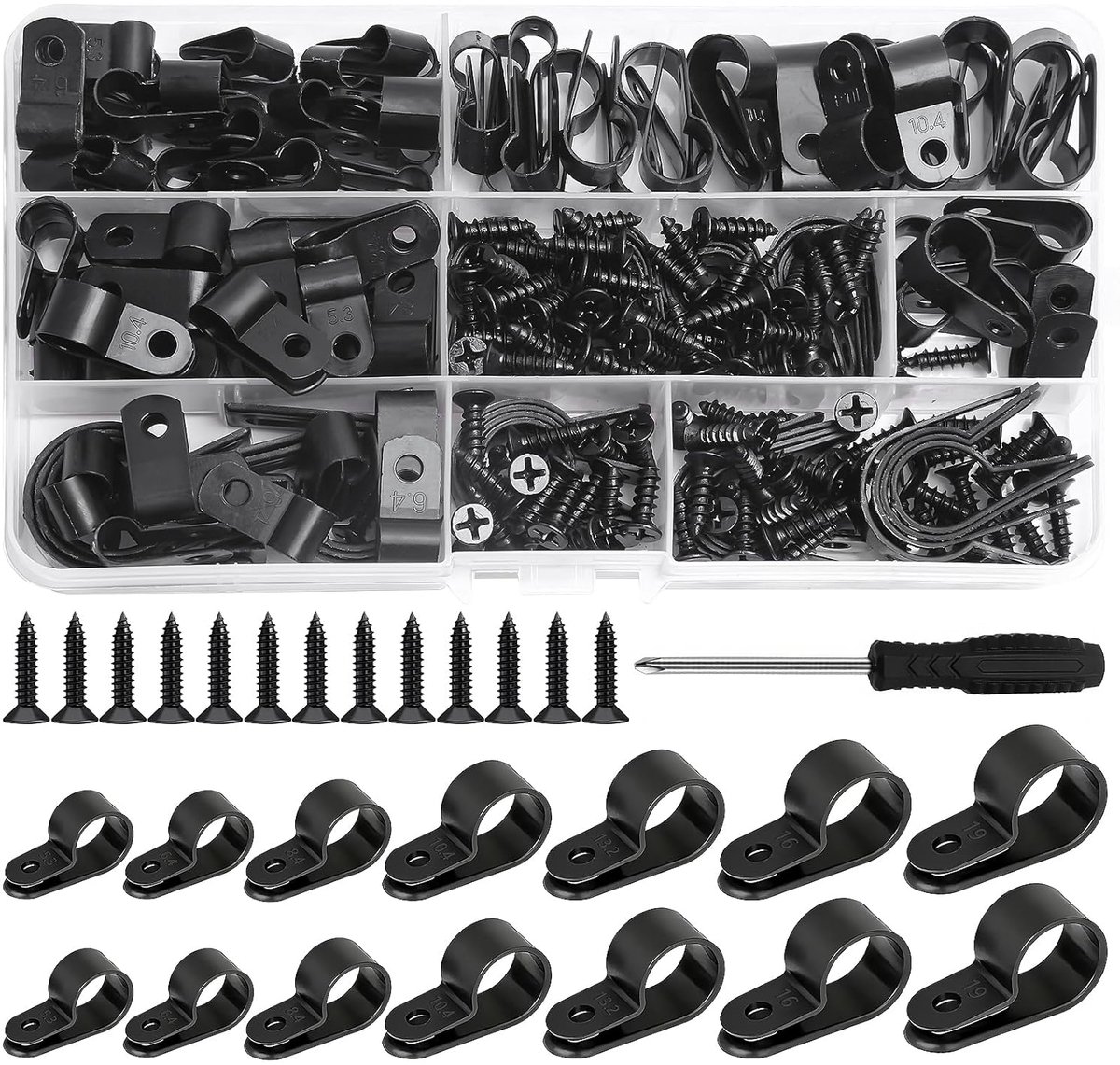 SnelShoppen - 134Pcs Nylon R-Type Kabelklemmen met 110 Schroeven en Schroevendraaier voor Kabelbeheer Onder Bureau, 7 Maten, Zwart, Organiseren van Dr