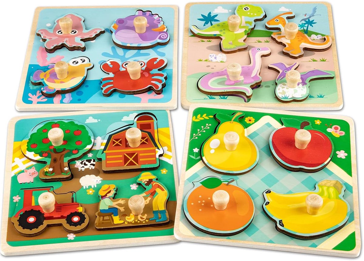 puzzel - Houten peuterpuzzels - 4 stuks dierenpuzzels met handvatten - Educatief Montessori-speelgoed voor de fijne motoriek van baby's en peuters van 1-3 jaar