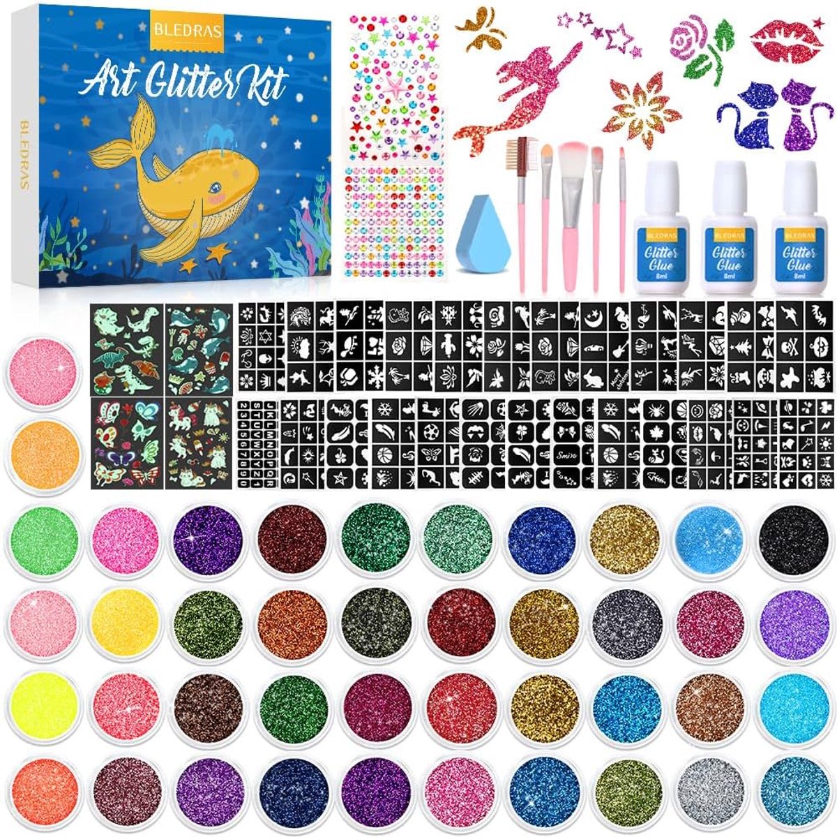 Thijox - Bledras Art Glitter Kit - 42 Kleuren Glittertattoos, 210 Sjablonen, 370 Strass-steentjes, 5 Kwasten, 3 Lijm - Creatieve Glitter Make-up Set v