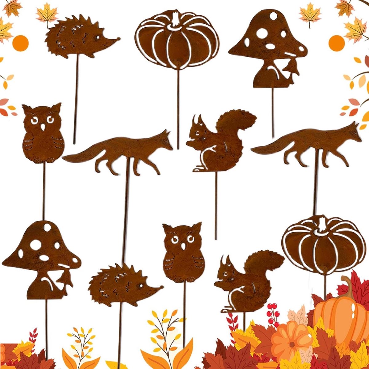 Tuinharingen Set - Herfstdecoratie - Tuin Aankleden - Roestlook Metaal - 12 Stuks - Bruin