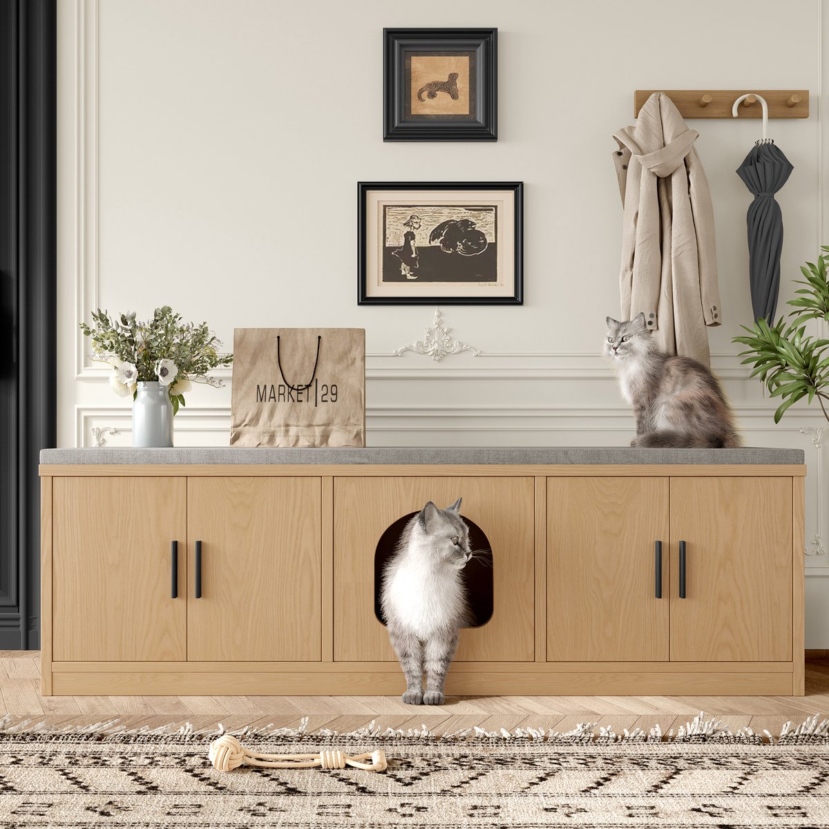 FloraGrace Kattenbakschrank – Verborgen 4-in-1 Ontwerp – 140 x 40 x 45,5 cm – Spaanplaat – Eikenkleur – Opbergbank Met Ventilatie En Krabmat