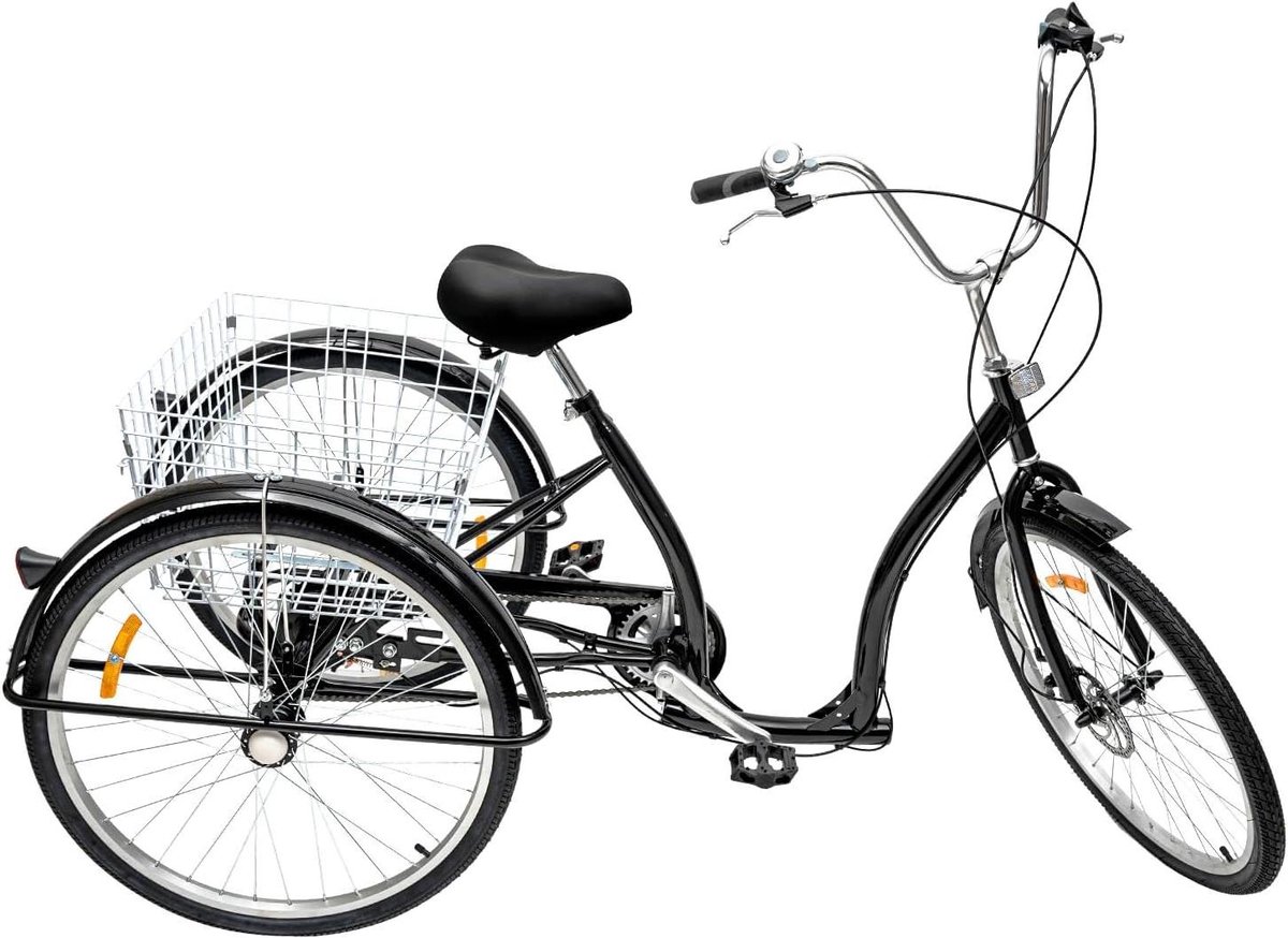 Volwassen Driewieler - Driewieler met mand - Ontspannen Toeren - 6 Versnellingen - 26 Inch Wiel - Zwart