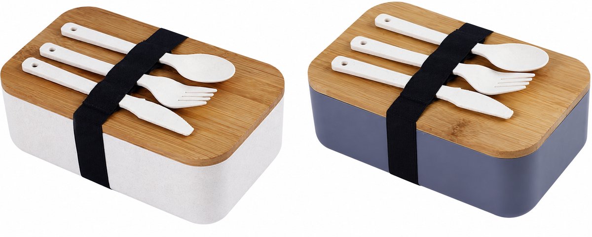 Daity 2 stuks - broodtrommel - draagbare lunchbox in Japanse stijl met bamboehouten deksel, lunchbox voor buitengebruik, inclusief bestek, lichtgewicht voedseldrager
