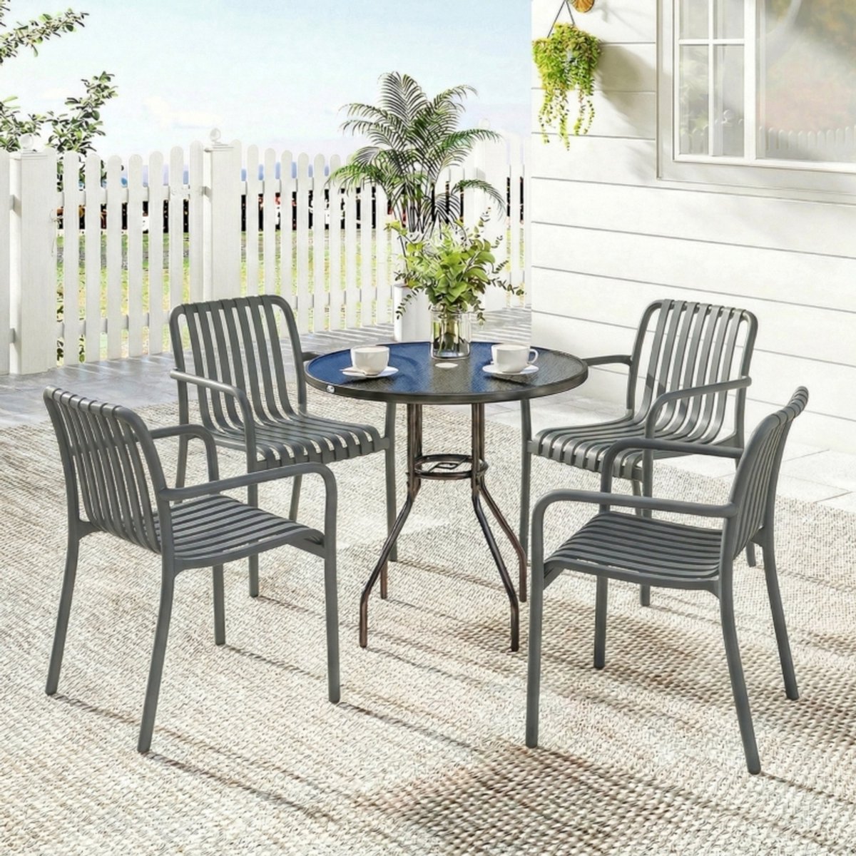 FloraGrace Tuinstoel – 4-Delige Set Stapelbare Terrasstoelen Met Armleuningen – Ergonomisch Voor Tuin, Balkon En Terras – Kunststof – Donkergrijs
