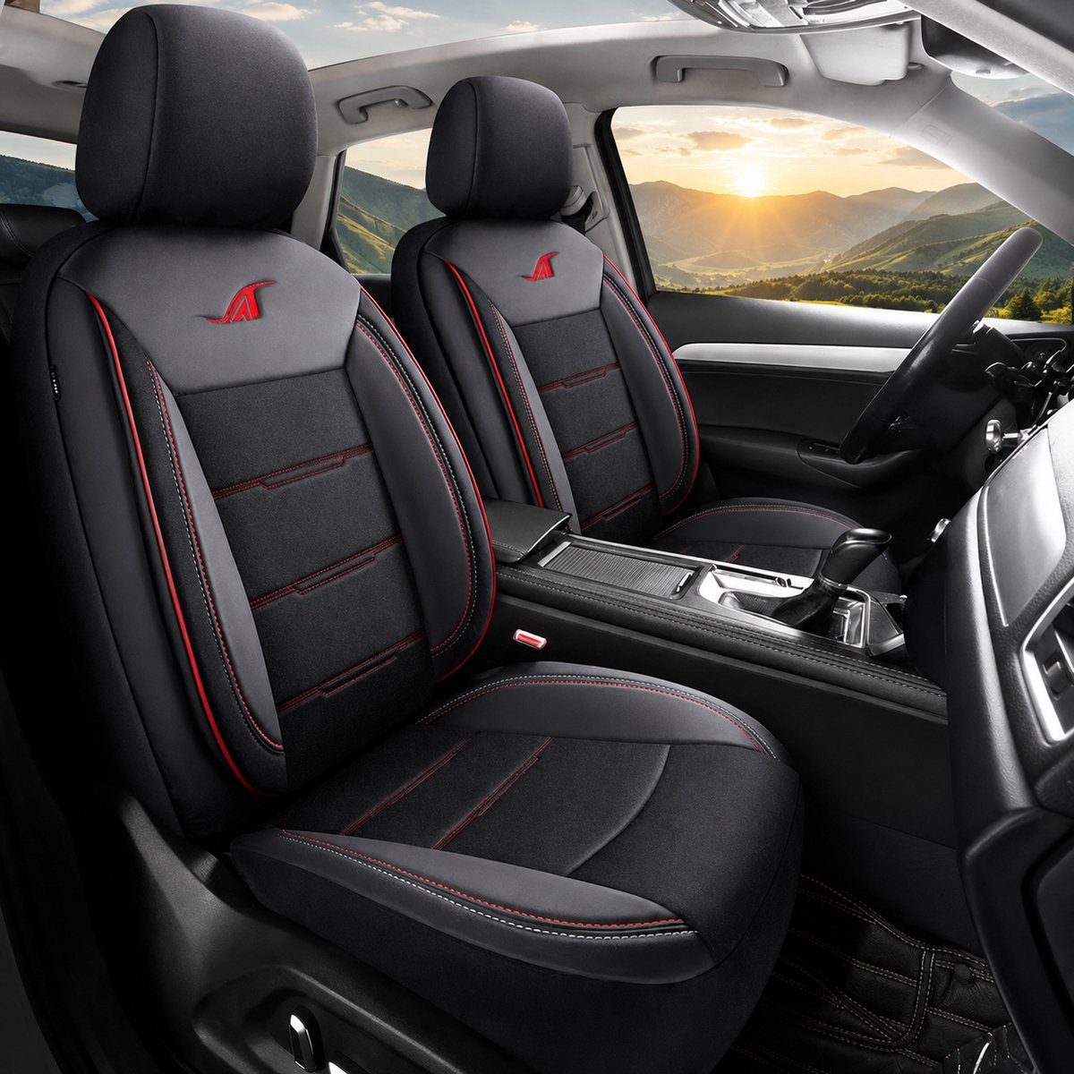Autostoelhoezen voor Maserati Lavante in pasvorm| Set van 2 stuks | Bestuurder + Passagiersstoel AIE Serie | AIE401 | Zwart met rode stiknaden