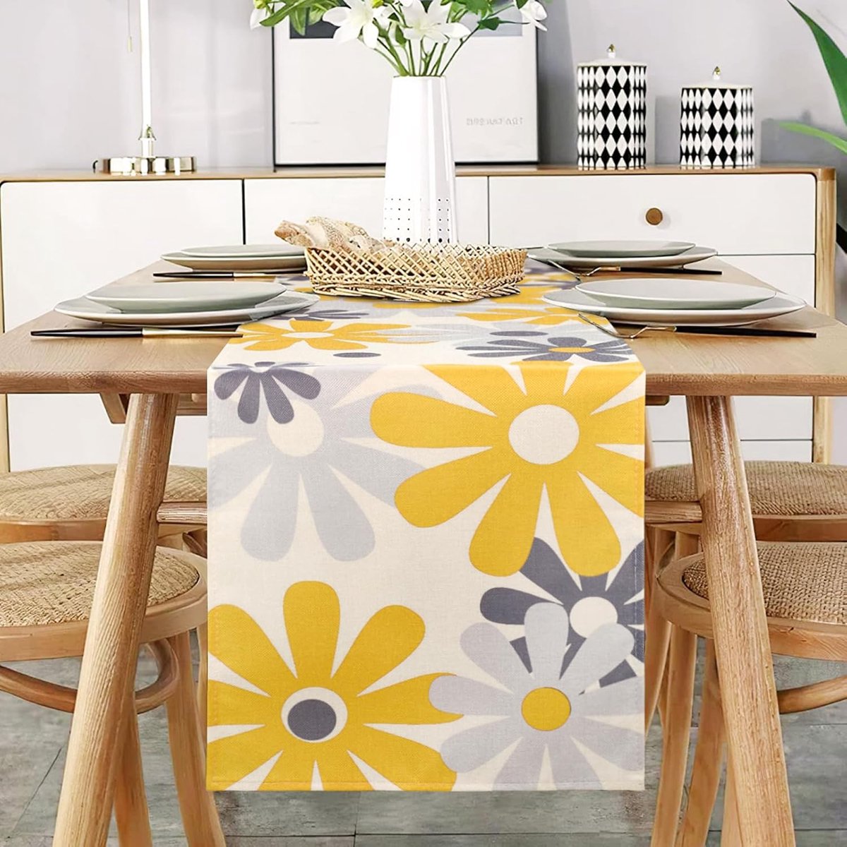 Tafelloper, bloemen, modern, geel, grijs, tafelloper, tafelkleed, restaurant, decoratie, linnen, kreukvrij, antislip, tafellinnen, eettafel, feest, bruiloft, afwasbaar, 40 x 140 cm