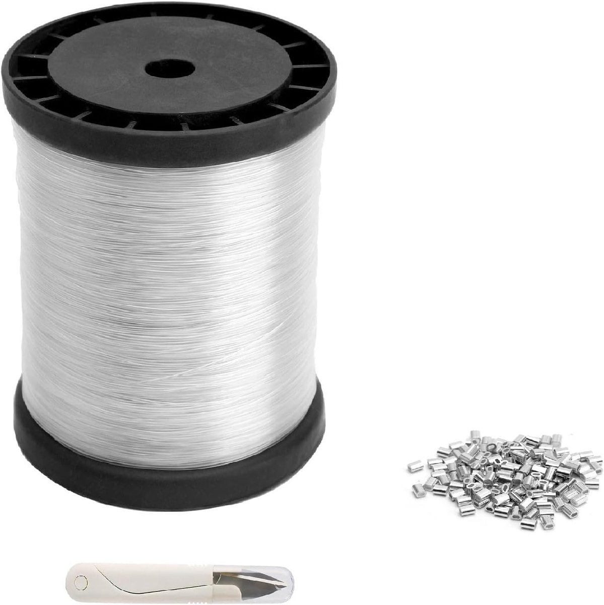 lijn set 0,8 mm 200 m vislijn transparant als onzichtbare vislijn om op te hangen en te knutselen, 120 stuks aluminium hulzen voor het krimpen van mini-schaar, max. 16 kg