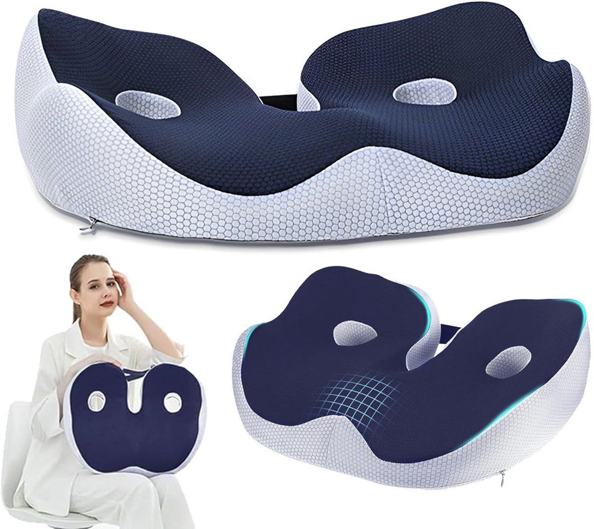 Ergonomisch Heupkussen - Traagschuim Zitkussen - U-vormig Ademend & Stuitbeenontlasting - Antislip Onderkant & Afneembare Hoes - Drukverlagend & Vormvast - 45x38x14cm - Voor Kantoor, Auto & Thuis