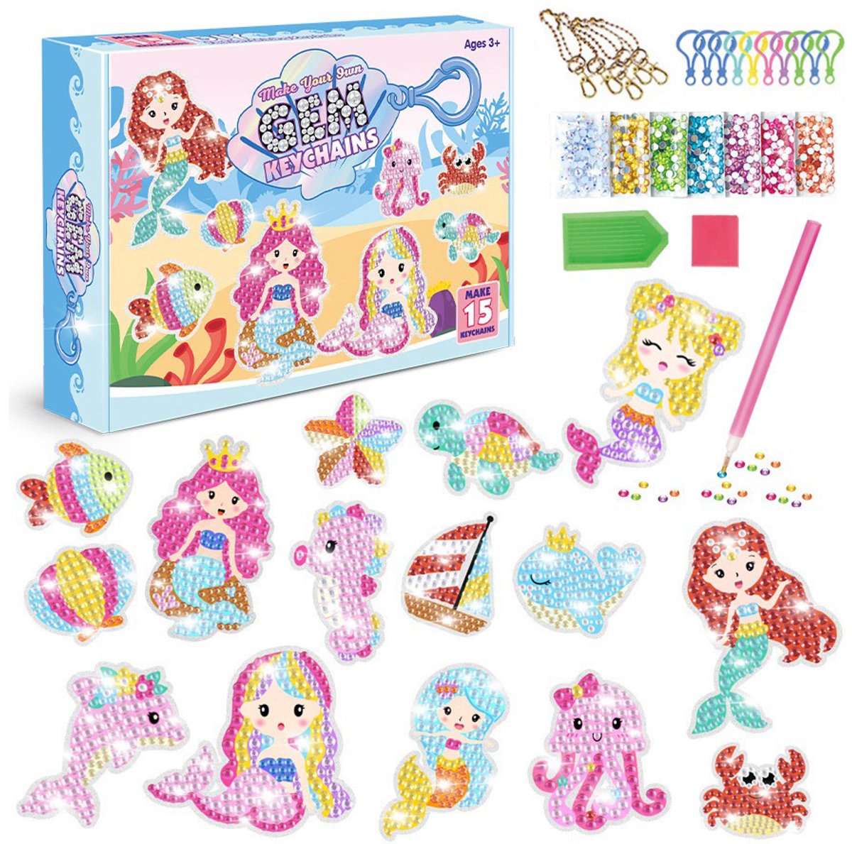 YYchan Diamond Painting Sleutelhanger- 15 Stuks DIY Knutselset - Compleet Decoratie Pakket - Creatief Cadeau - Voor Kinderen Vanaf 3 Jaar - Zeemeermin