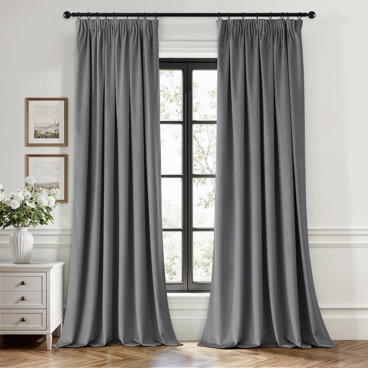 Fluwelen gordijn met plooiband, grijs, fluweel, decoratief, blickdicht, 2-delige set, mooie dikte en zware gordijnen, woonkamer, slaapkamer, verduistering, thermogordijn, fluweel, plooiband, 140