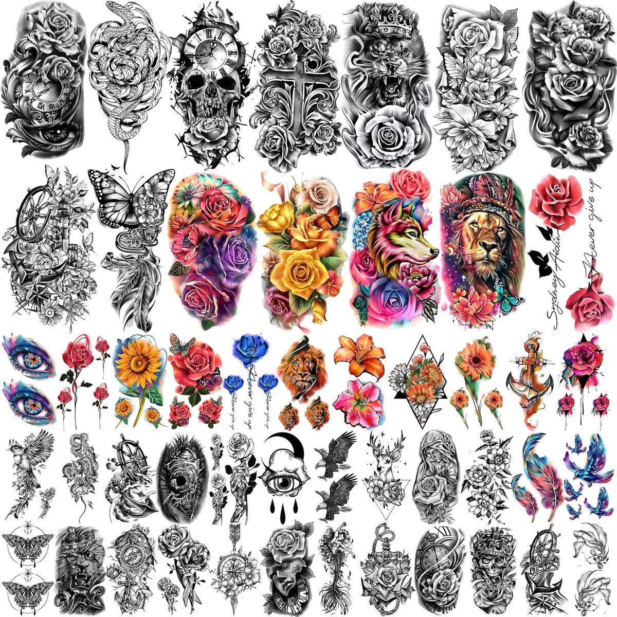 49 Vellen Zwarte Kleur Half Arm Waterdichte Tijdelijke Tattoo voor Mannen en Vrouwen, 3D Rose Pioen Bloem Dier Nep Tattoo Stickers voor Tienermeisjes Lichaam Hand Schouder Kin Nek