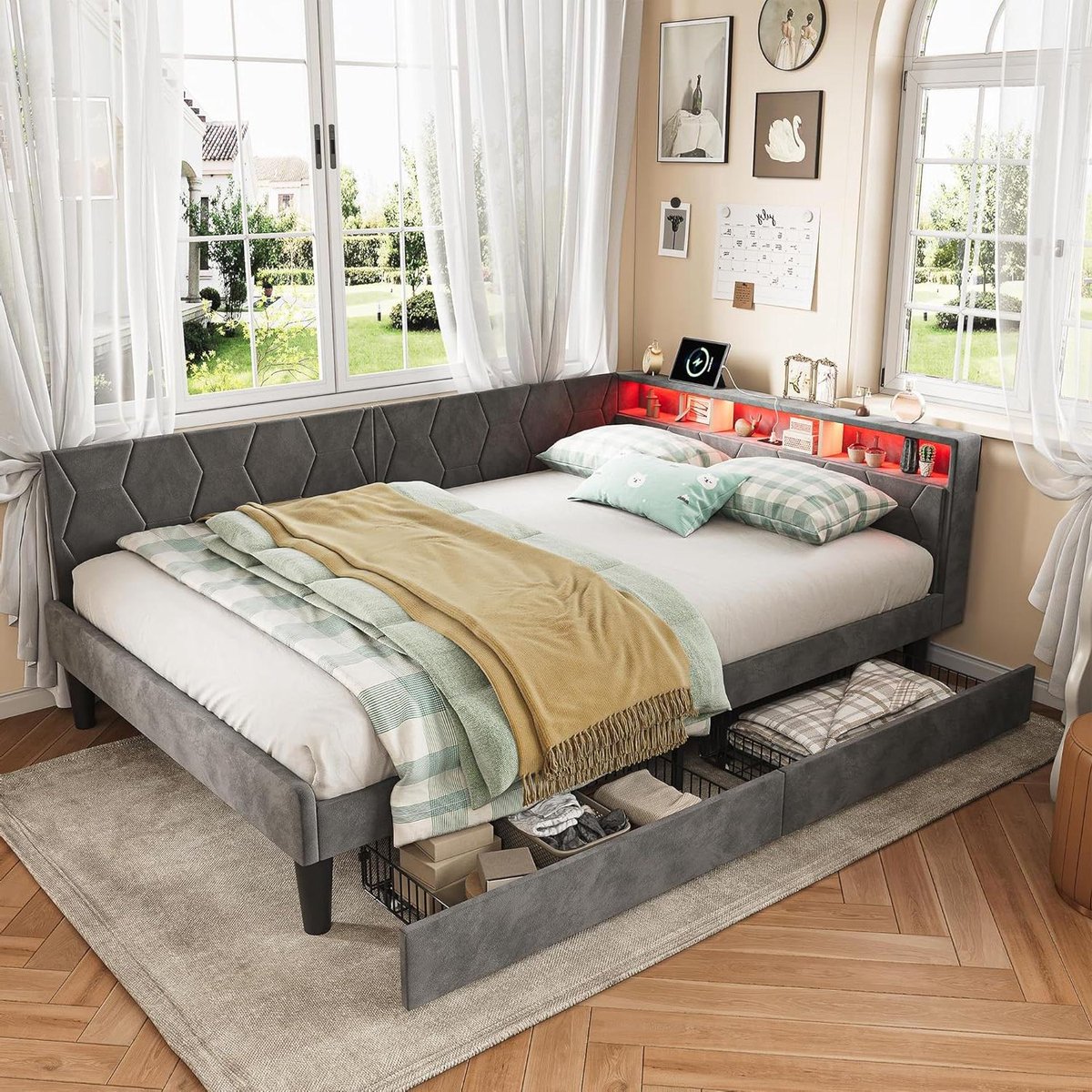 Gestoffeerde Slaapbank - Dagbed Sofa Bed - Ruimte Besparen - Met LED en USB - 140x200cm - Grijs Fluweel