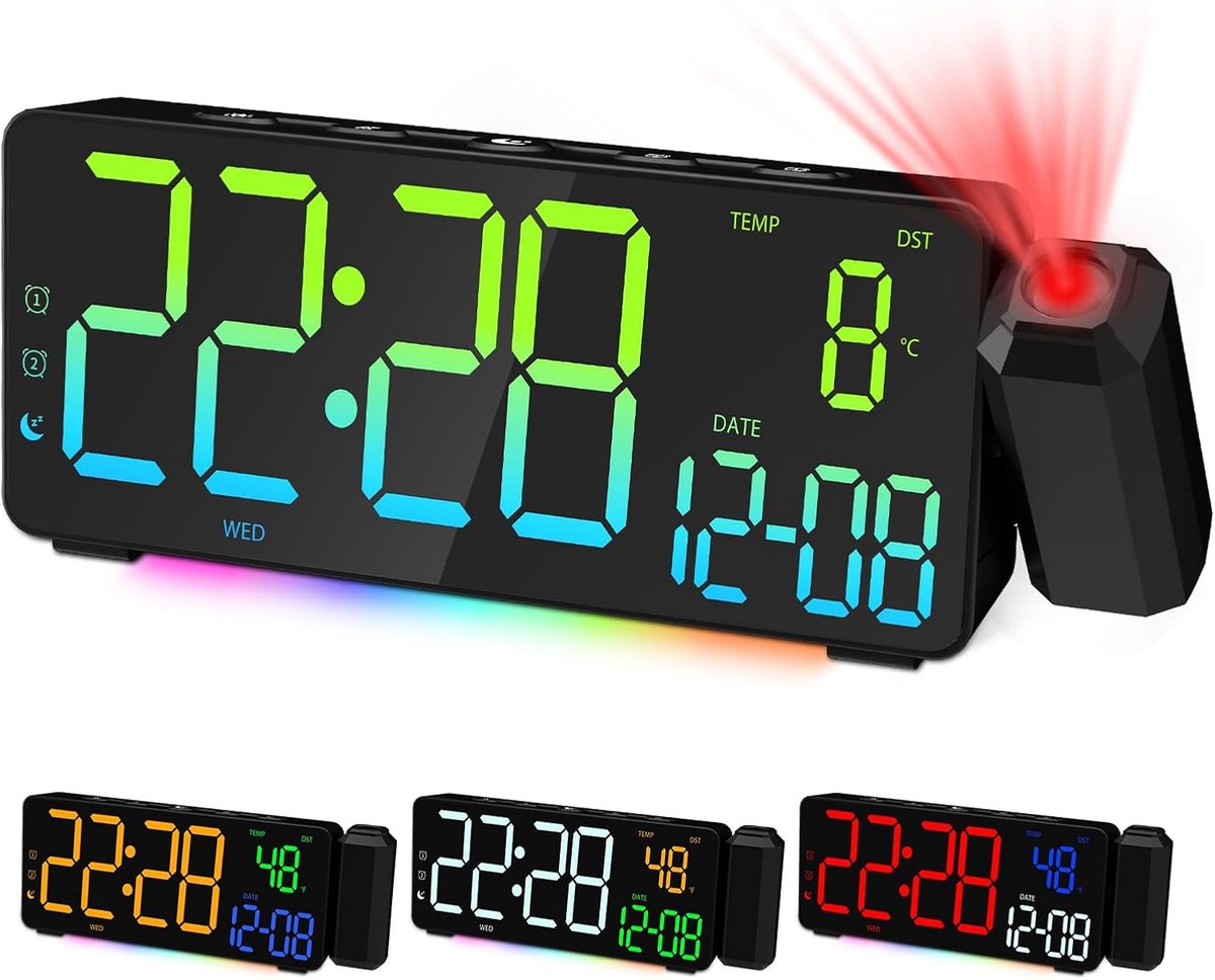 Projectiewekker Digitale LED-klok met projectie voor Slaapkamer met 180°-projector Groot scherm USB-poort oplader 12/24 uur DST Snooze RGB-nachtlampje Dubbele Wekker Temperatuur Datum