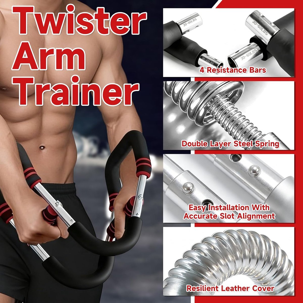 Armtrainer, Verstelbaar Borsttrainingsapparaat 18-50 kg, Draagbare Power Twister Stang met Afneembaar Design, Fitnessapparatuur voor Thuis en Onderweg