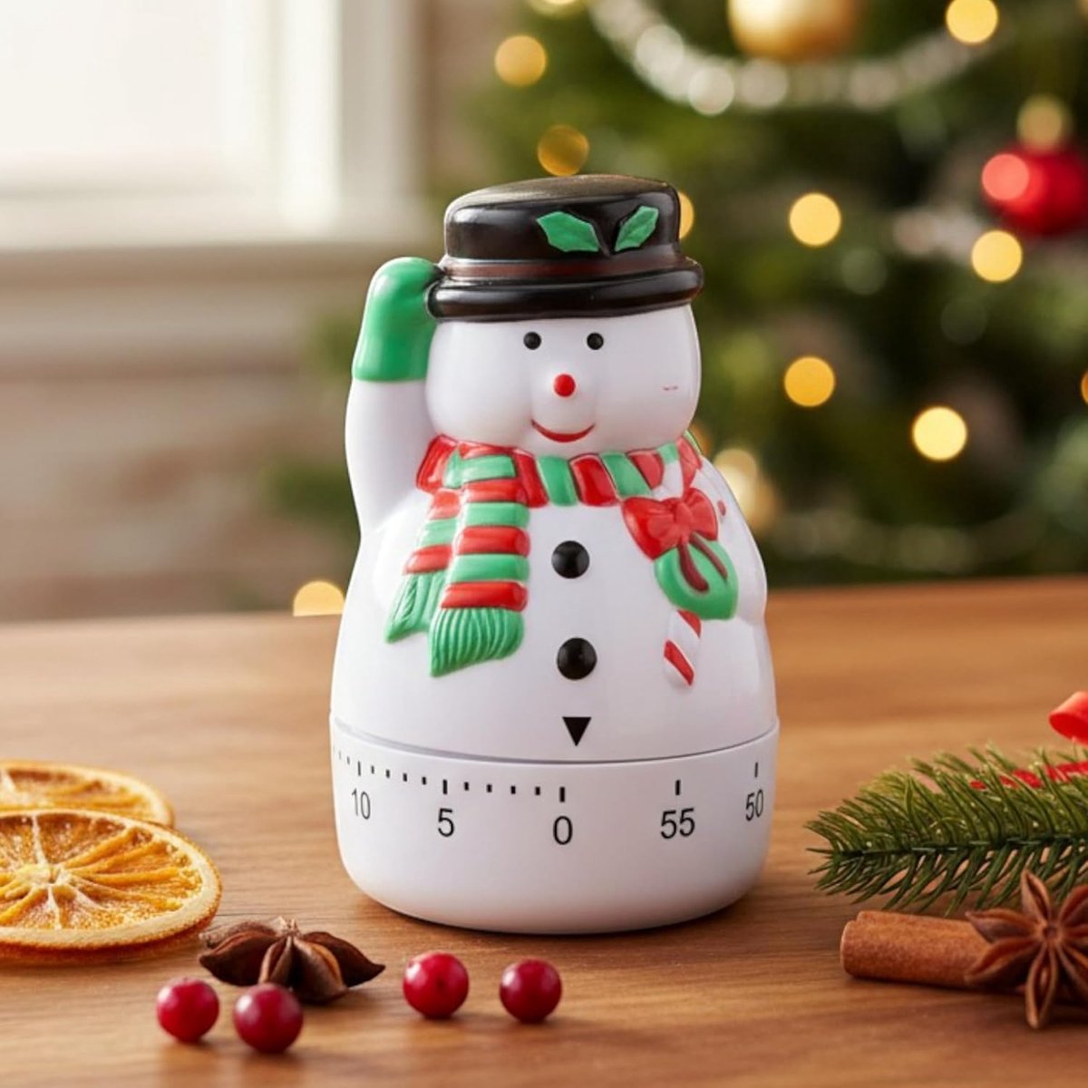 Mechanische keukentimer voor Kerstmis, 60 minuten timer, kleine keukenklok voor bakken, koken, leren, nostalgisch design zonder batterijen, kerstdecoratie en souvenir (sneeuwpop)