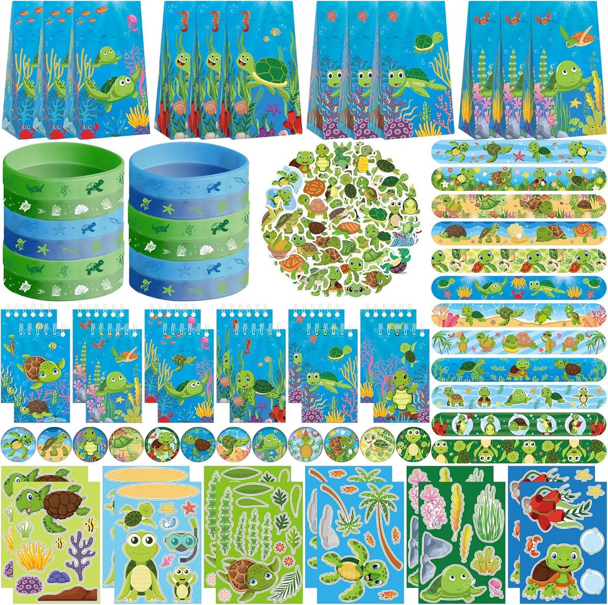Party Favour Supplies inclusief schildpad cadeautassen, stickers, badges, armbanden voor schildpad thema verjaardagsfeest