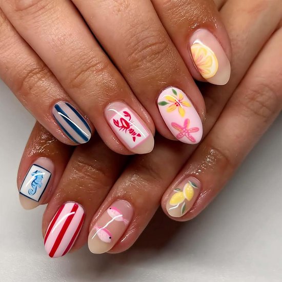 24 stuks zomer press on nagels, ovale kunstnagels kort, bloemmotief nagels om op te plakken, zomer press on nagel amandel, strepen patroon strandnagels met citroen kreeft design — afbeelding 3