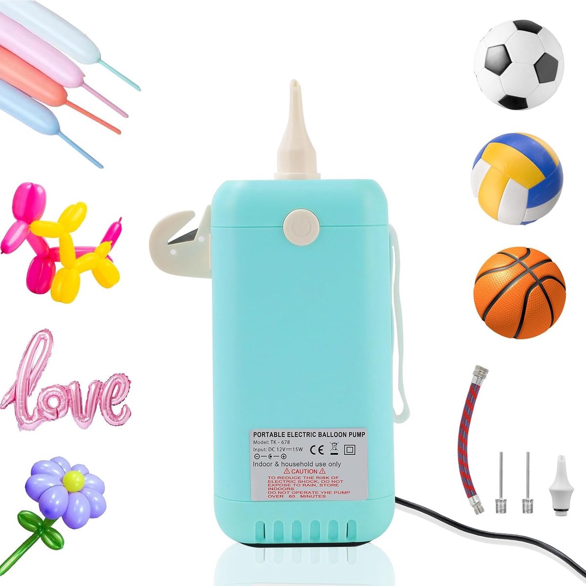 Elektrische ballonpomp voor modelleerballonnen, draagbare ballonpomp, elektrische balpomp met balpomp, naalden, ballonpomp voor 260Q lange ballonnen, folieballonnen, sportballen