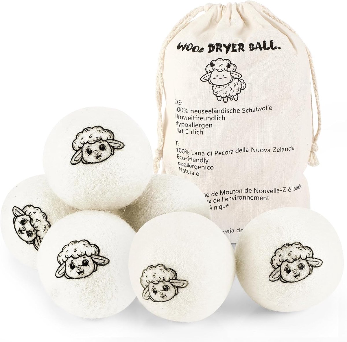 SnelShoppen - Set van 6 Wasdroger Ballen, Hypoallergene Nieuw-Zeelandse Wol, Natuurlijke Wasverzachter, Dons Ballen met Opbergtas, Ideaal voor Droger