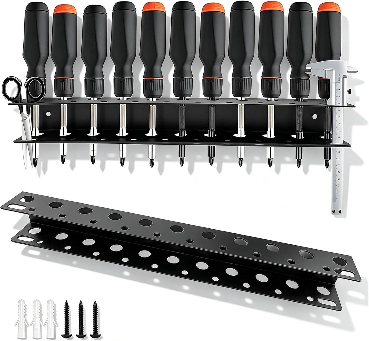 Schroevendraaierhouder wand 40 cm - zwart gelakt ijzer - 21 gaten en 2 sleuven - ideaal voor gereedschapsopslag - ShopVlot