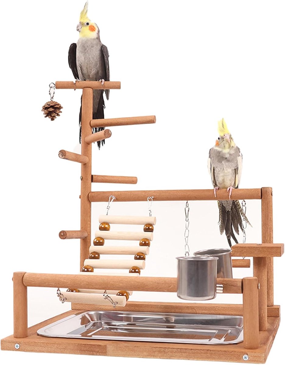SnelShoppen - Vogelspeelplaats - Houten Papegaaienstandaard voor Parkieten - Speelplaats met Ladder, Schommel, Feeder-Cup, Dienblad en Kauwspeelgoed -