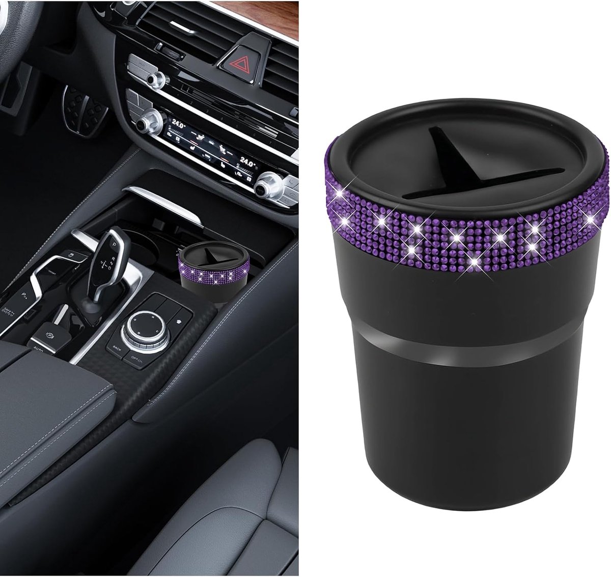 Muntenhouder voor auto, mini-muntbox voor bekerhouder, mini-bekerhouder, inzetstuk, met paarse diamantdecoratie, voor vele voertuigmodellen, voor het opbergen van munten, sleutels