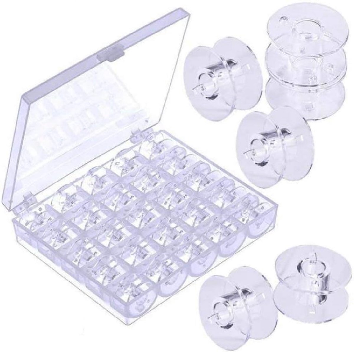 25 x Doorzichtige plastic naaimachinespoelen met doos naaien spoelen klossen voor huishoudelijke naaimachine Brother Janome Singer Elna Babylock Kenmore Pfaff enz